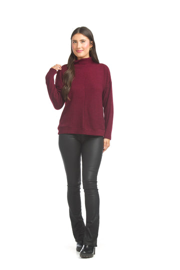 Papillon ST-17269 Mock Neck Ribbed Knit Top - Wine