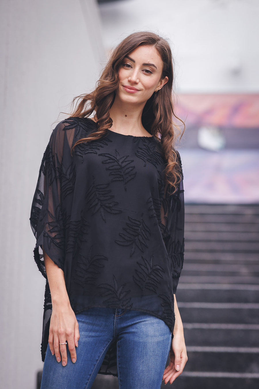 Papillon PT-17016 Burnout Leaves Print Georgette Blouse - Black