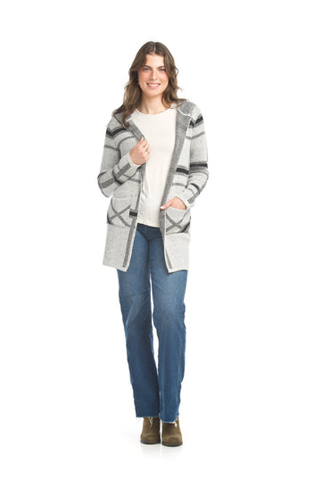 Papillon ST-17282 Plaid Knit Hooded Cardigan - Grey